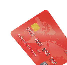 Red plastic credit card on white background, closeup