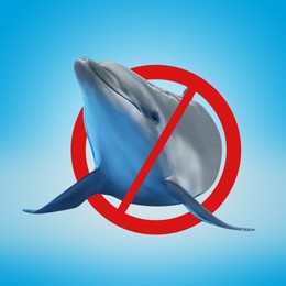 Dolphin and red prohibition sign on light blue background. Anti-Captivity Campaign