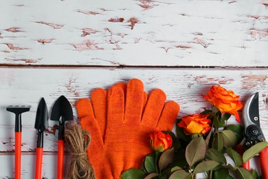 Photo of Gardening gloves, beautiful roses and tools on white wooden table, flat lay. Space for text