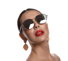 Attractive woman in fashionable sunglasses on white background