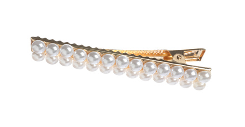 Stylish gold hair clip with pearls isolated on white