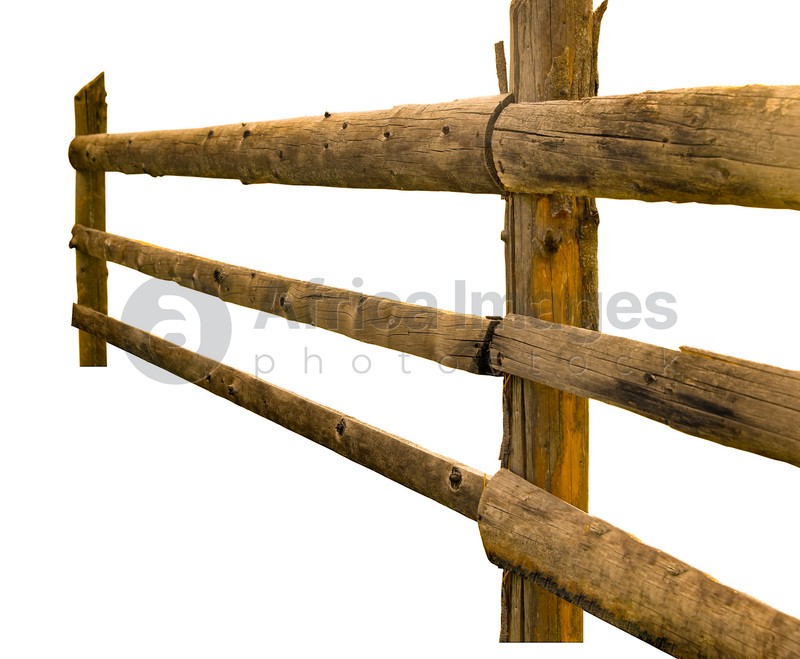 Wooden fence made of old timber isolated on white, closeup