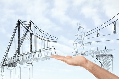 Image of Man holding hand to help drawn businessman cross unfinished bridge, illustration. Support and cooperation concept