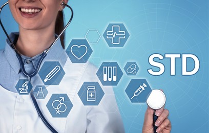 STD prevention. Closeup view of doctor with stethoscope, abbreviation and different icons on light blue background