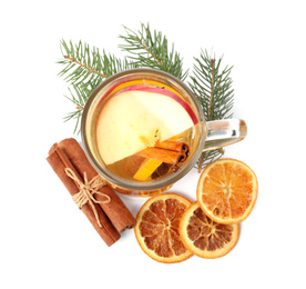 Aromatic mulled wine with cinnamon, dried orange and fir branch isolated on white, top view