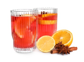 Aromatic punch drink and ingredients on white background