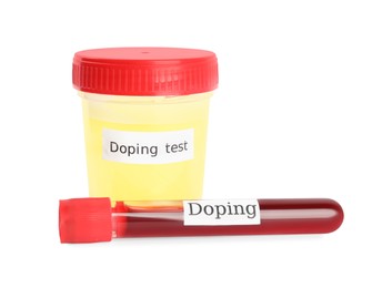 Photo of Containers with samples of blood and urine for doping control isolated on white