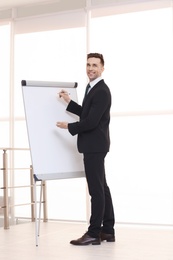 Young business trainer near flip chart, indoors