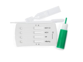 Disposable express test kit for hepatitis on white background, top view