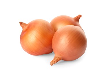Photo of Many fresh unpeeled onions on white background