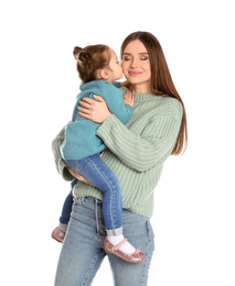 Photo of Young mother with little daughter on white background
