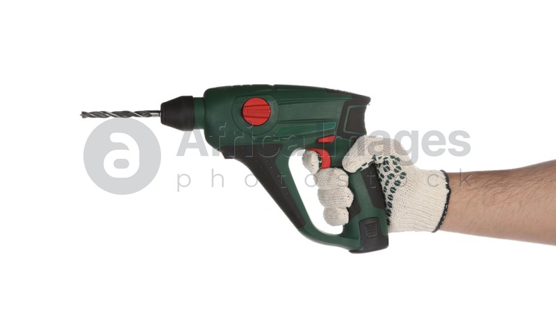 Worker with power drill on white background, closeup