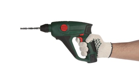 Worker with power drill on white background, closeup