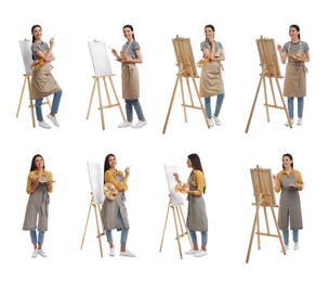 Young women drawing on easels against white background, collage 