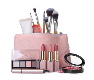 Different luxury decorative cosmetics, brushes and case on white background