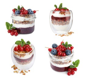 Delicious yogurt parfait with fresh berries and mint on white background, collage