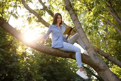 Young woman reading book on tree in park