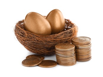 Two golden eggs in nest and coins on white background. Pension concept