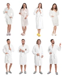 People wearing bathrobes on white background, collage 
