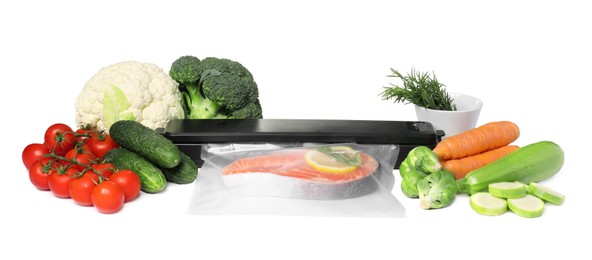 Vacuum packing sealer, plastic bag with salmon and different food products on white background