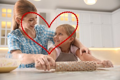 Illustration of red heart and happy mother and daughter rolling dough together in kitchen