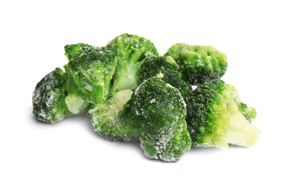 Pile of frozen broccoli florets isolated on white. Vegetable preservation
