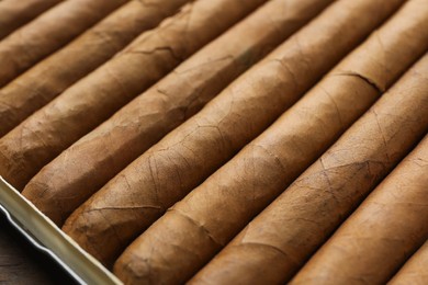 Many expensive cigars in box on table, closeup
