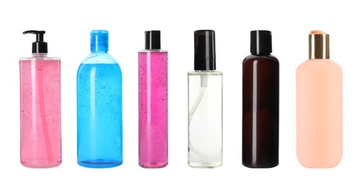 Set with different bottles of personal hygiene products on white background. Banner design