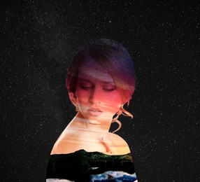 Double exposure of beautiful woman and landscape at sunset on starry sky background. Astrology concept