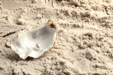 Half of oyster with white pearl on sand, space for text
