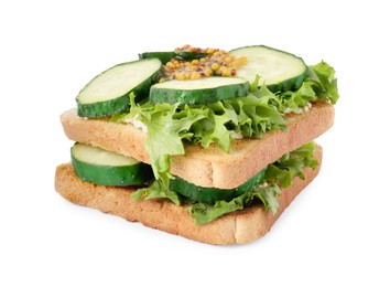 Tasty cucumber sandwiches with arugula and mustard isolated on white