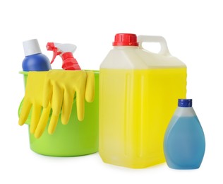 Set of different cleaning supplies on white background