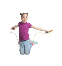 Cute little girl with jump rope on white background