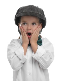 Surprised little detective in hat on white background