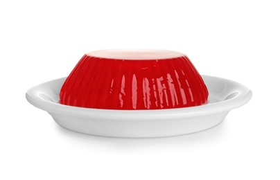 Plate of delicious red jelly isolated on white