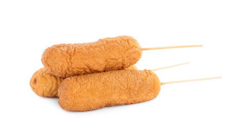 Delicious deep fried corn dogs isolated on white