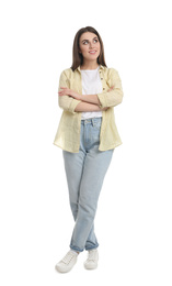 Full length portrait of young woman on white background