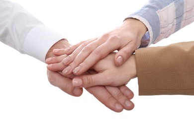 Man and women holding hands together on white background, closeup