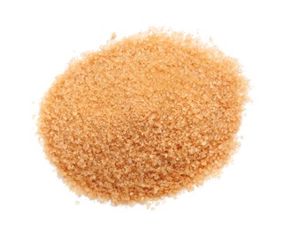 Photo of Pile of brown sugar isolated on white, top view