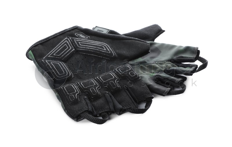 Pair of stylish fingerless cycling gloves on white background