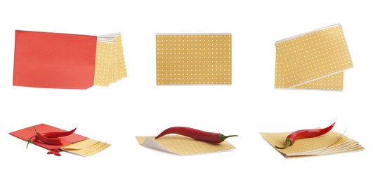 Set with pepper plasters on white background. Banner design