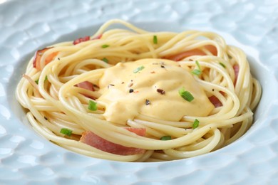 Delicious spaghetti with meat, cheese sauce and green onion in plate, closeup