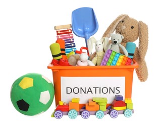 Donation box and different toys isolated on white