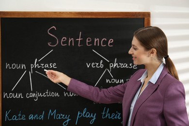English teacher giving sentence construction rules near blackboard in classroom
