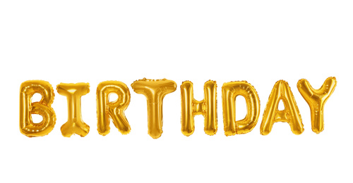 Word BIRTHDAY made of foil balloon letters on white background