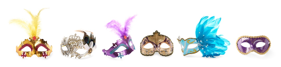 Set of beautiful carnival masks on white background. Banner design
