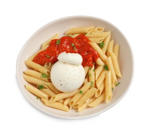 Delicious pasta with burrata cheese and sauce in bowl isolated on white, top view