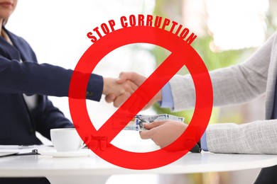 Stop corruption. Illustration of red prohibition sign and man giving bribe to woman at table in office, closeup