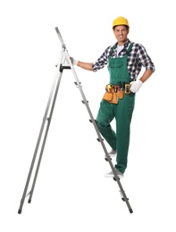 Photo of Professional builder on metal ladder against white background