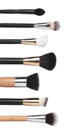 Image of Set with different makeup brushes for applying cosmetic products on white background. Vertical banner design